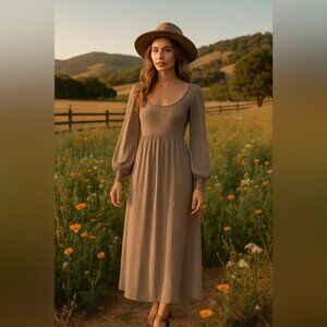 Mittoshop Smocked Maxi Dress Summer Wedding Square Neck Cottagecore